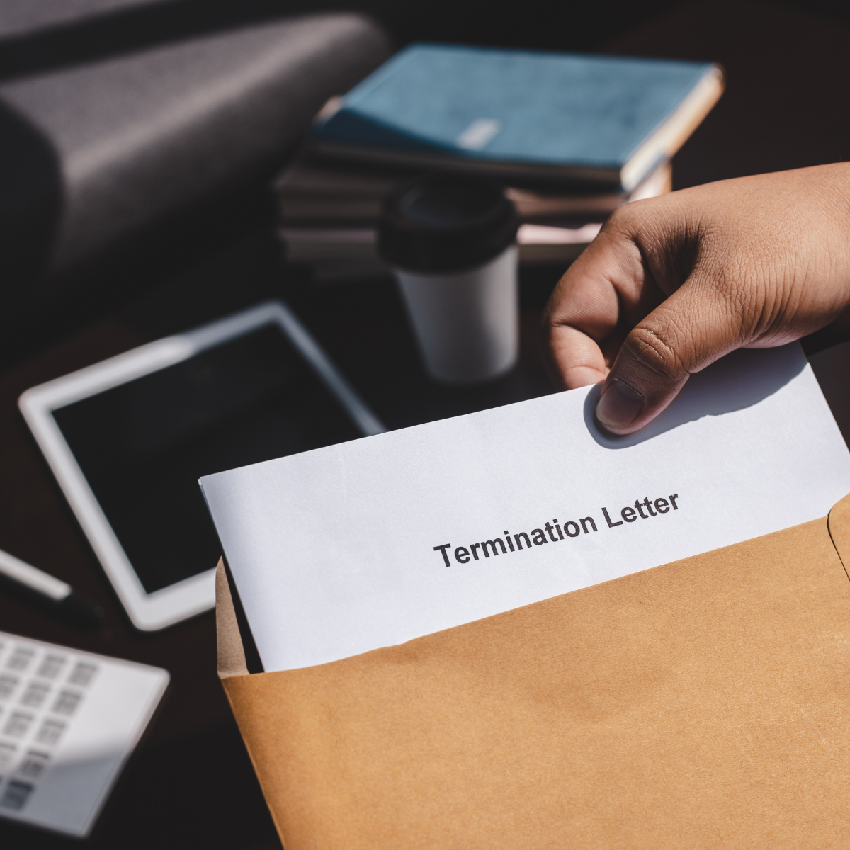 A business person place a termination letter into an envelope for mailing.