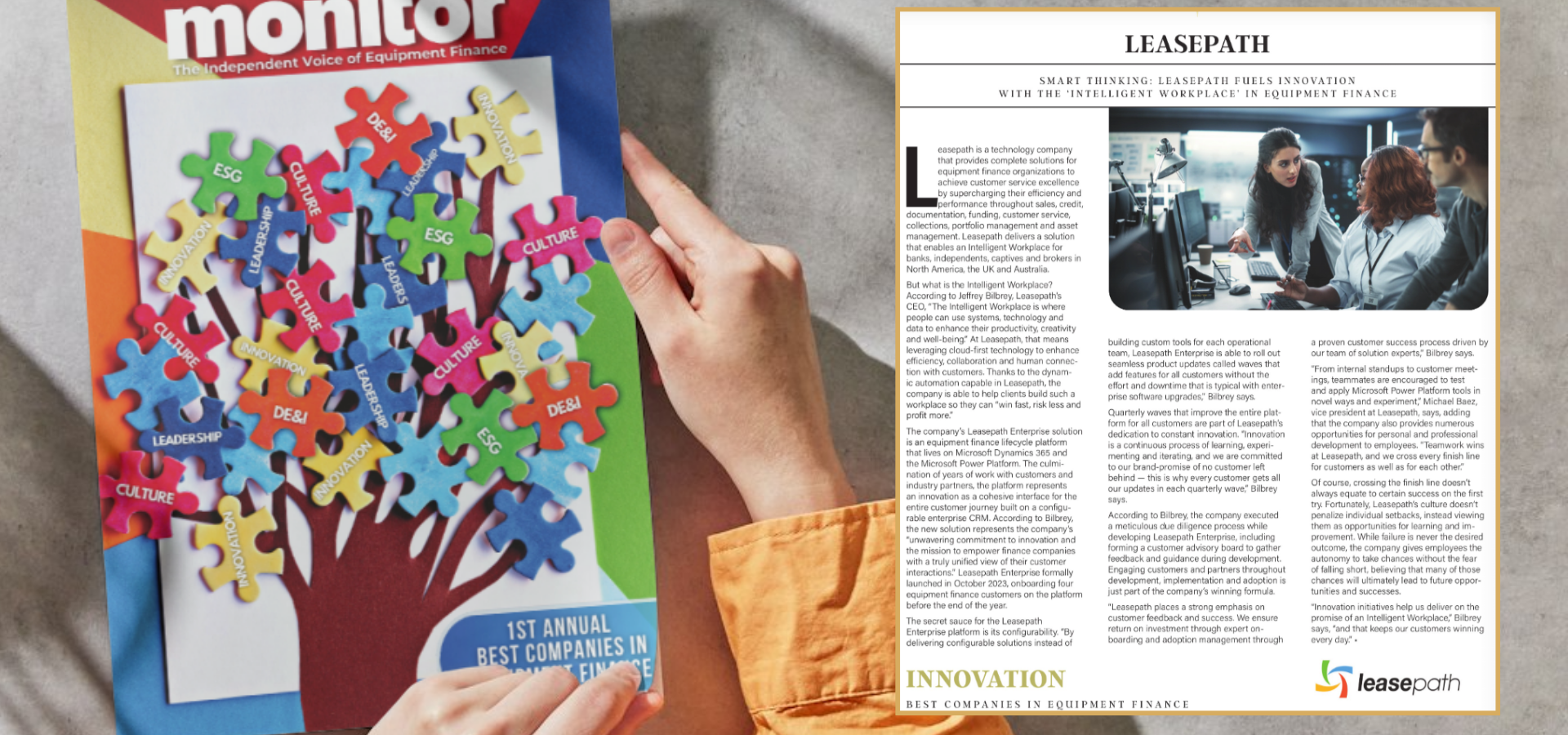 Hands of someone holding 2024 Monitor Best Companies Issue next to an image of the page highlighting Leasepath Innovation profile.